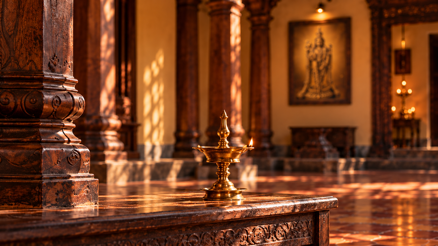 A brass lamp in a Chettinad hall